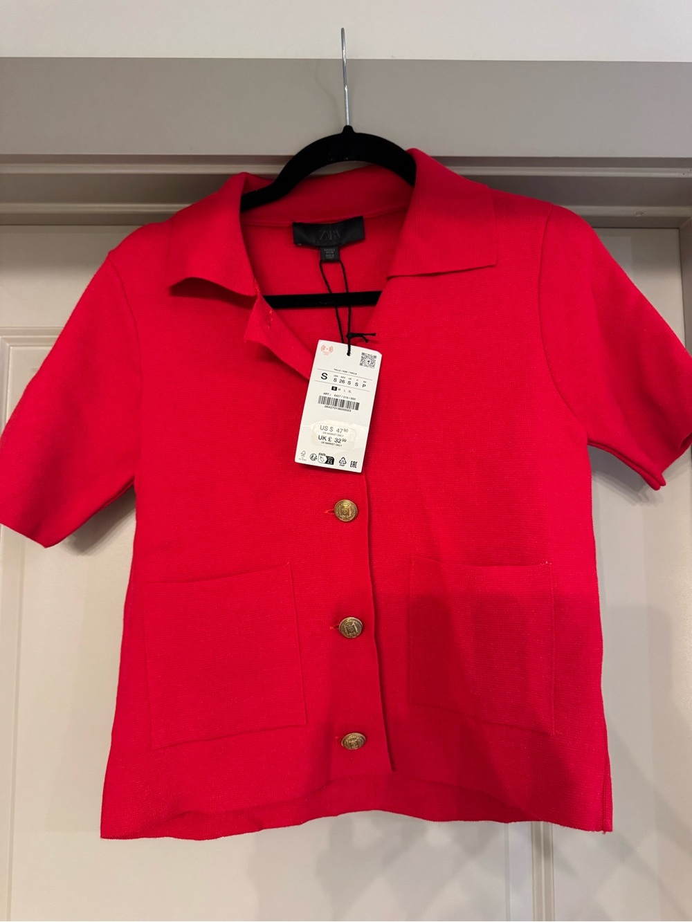 Zara Red Short Sleeve Knit Button Jacket